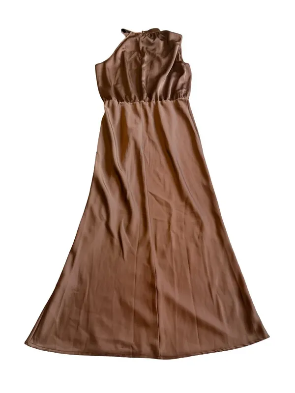 Pretty Garden Brown Sleeveless Satin Dress Midi Length High Neck Size Medium NWT - Image 6