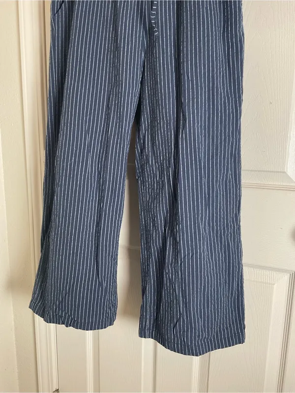 Women’s Blue & White Striped Linen Blend Wide Leg Pants Drawstring Lounge Size L - Image 3