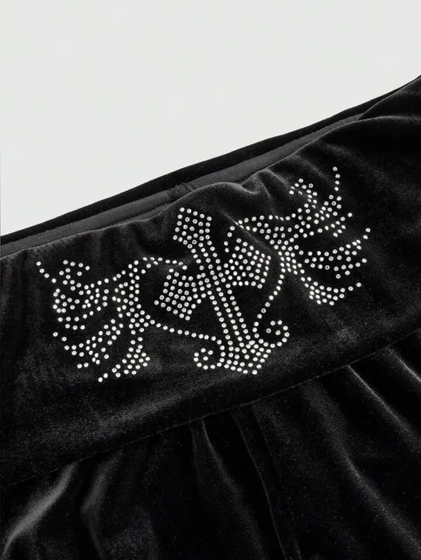 Black Velvet Flare Pants Y2K Bling L - Image 3