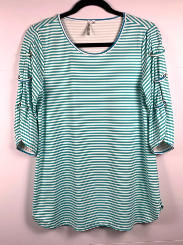 Lulu B Small Aqua Stripe UPF Top Lace Sleeve Coastal Beach Resort Cruise - Image 3