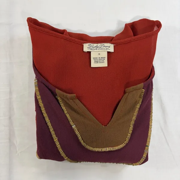 Lucky Brand Rust‎ Red Boho Beaded Bib Long Sleeve Rayon Blouse Small Metallic - Image 11