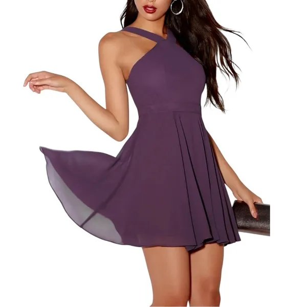 NWT Lulus Forevermore Dusty Purple Skater Halter Neck Mini Dress XS - Image 2