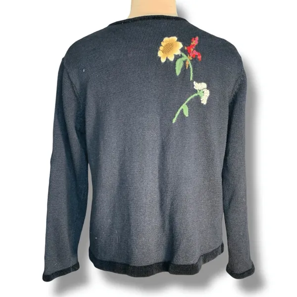 Susan Bristol Vintage Black Floral Embroidered Cotton Cardigan Dark Romance Knit Sweater - Image 4
