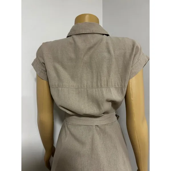 Calvin Klein Womens Tan Beige Linen Blend Button Front Belted Shirt Dress Size 4 - Image 6