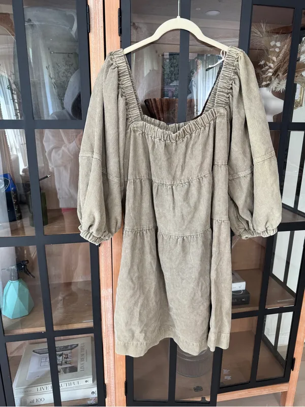 Mustard Seed NWT Corduroy Mini dress tiered babydoll long sleeve balloon pockets square neck - Image 2