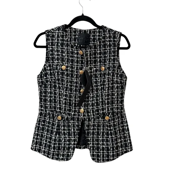 Mina Self Black White Tweed Plaid Sleeveless Vest Gold Button XX140 Small NEW - Image 2