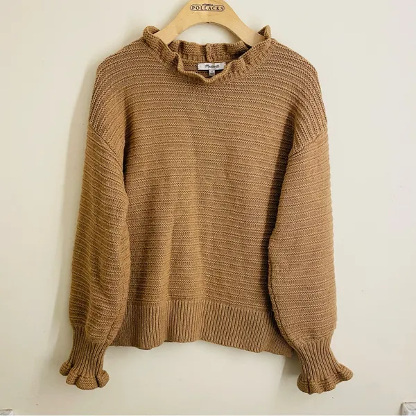 Madewell Merino Wool Blend Textured Knit Ruffle Sweater Camel Brown Size S - Image 4