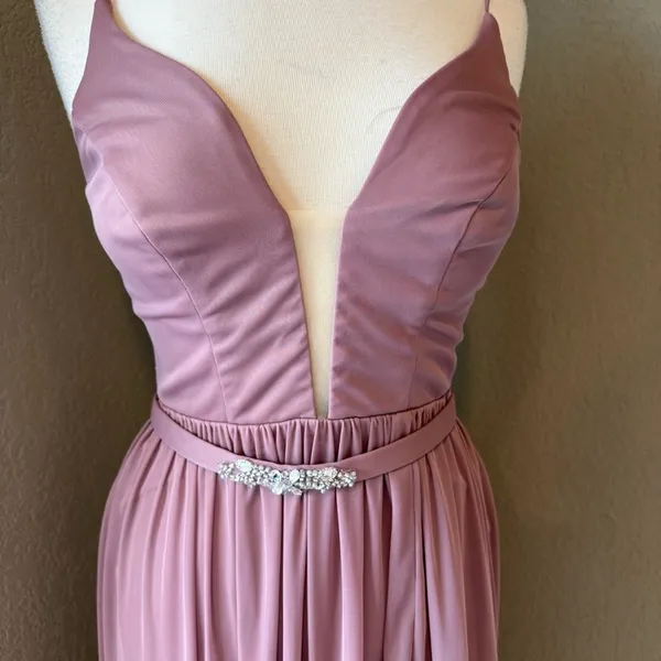 Azazie Leah Vintage Mauve Plunge Beaded Waist Maxi Dress Size 8 - Image 3