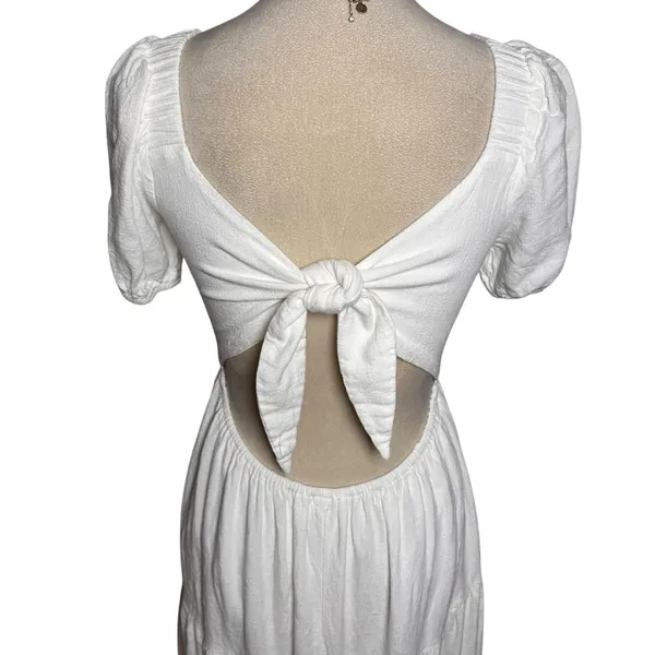 Sadie & Sage White Cottagecore Puff Sleeve Tie‎ Back Midi Dress Boho Prairie S - Image 6