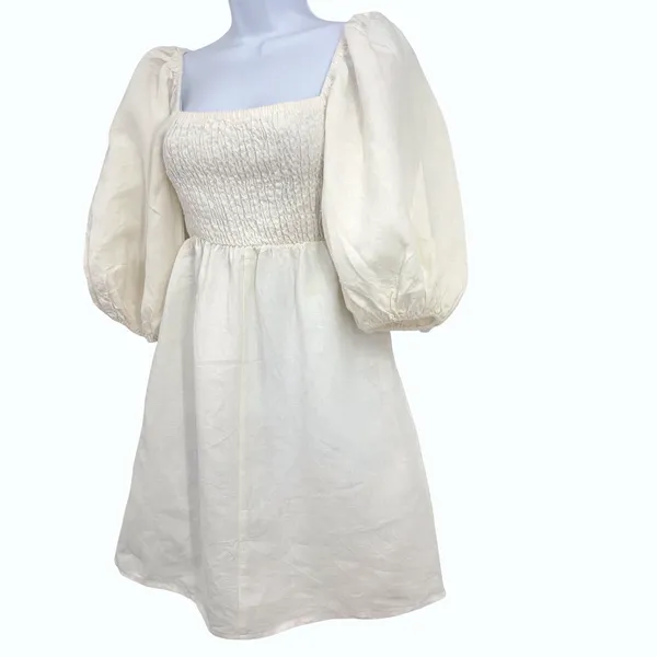 Tuckernuck Annie Mini Dress Womens XS Ivory‎ Linen Smocked Puff Sleeve Romantic - Image 3