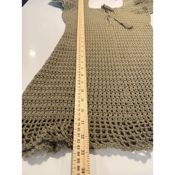 Source Unknown Sage Green Crochet Mini Dress Puff Sleeve Tie Front Boho Size S - Image 4