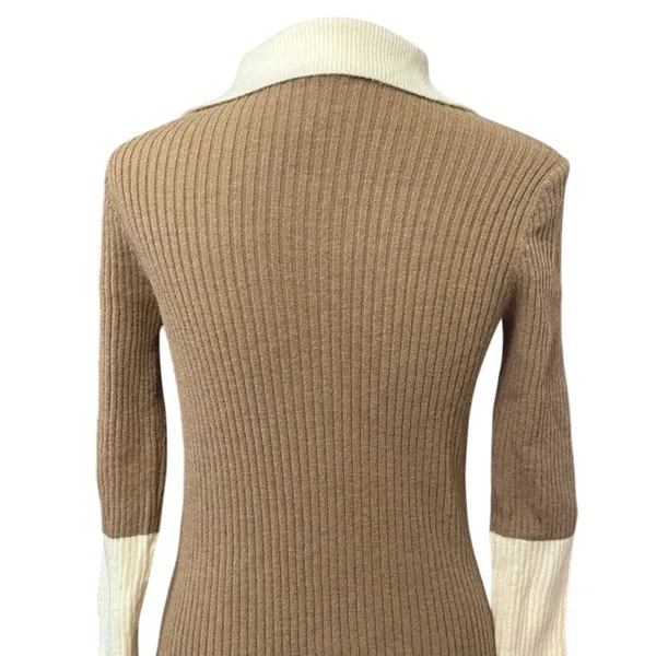 Long Sleeve Sweater Color Block Contrast Quarter Zip Drop Shoulder Beige Brown M - Image 5