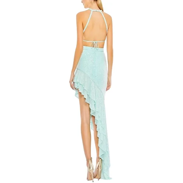 Mac Duggal 11274 Aqua Sequin Halter High Low Ruffle Gown Size 8 NWT - Image 2