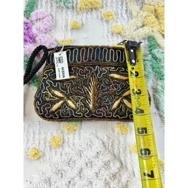 Sudha Beaded Coin Purse Black Gold Floral Embroidered Tassel Wristlet Pouch NWT‎ - Image 2