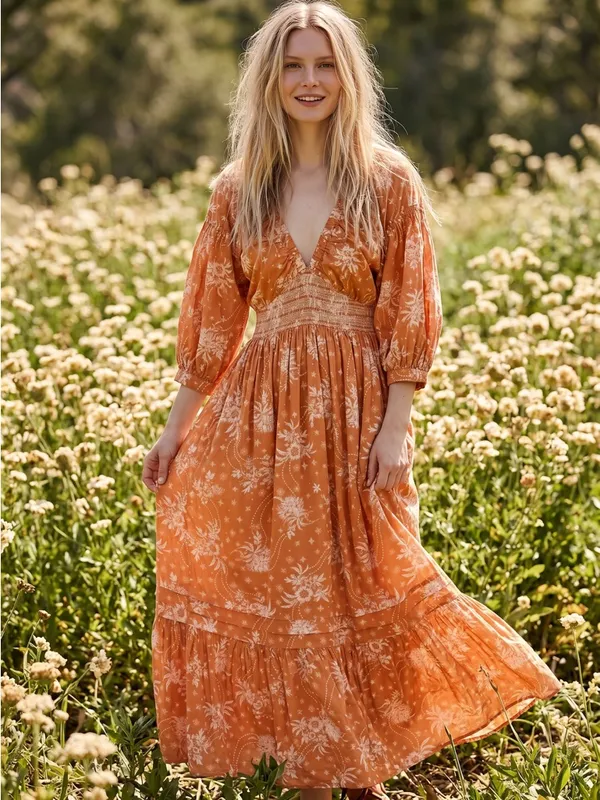Free People Golden Hour Maxi Dress Bohemian Floral Dainty Tan Neutral Small - Image 2