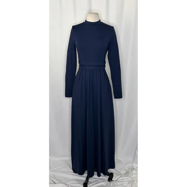 HALARA Navy Blue Mock Neck Long Sleeve Pocket Flare Maxi Casual Dress Knit XS - Image 2