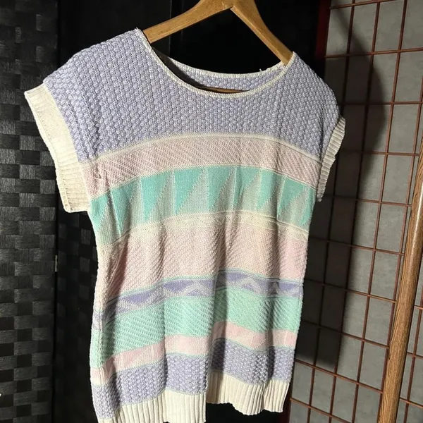 Vintage Sweater Vest Pastel Geometric Knit 80s Grandmacore Cottagecore College - Image 5