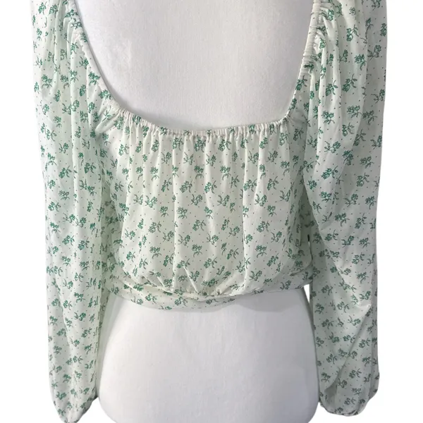 Free People Floral Deep V-Neck Blouse - White and green - Image 4