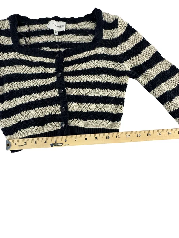 Striped Cropped Button-Front Cardigan in Black and Cream - Image 4