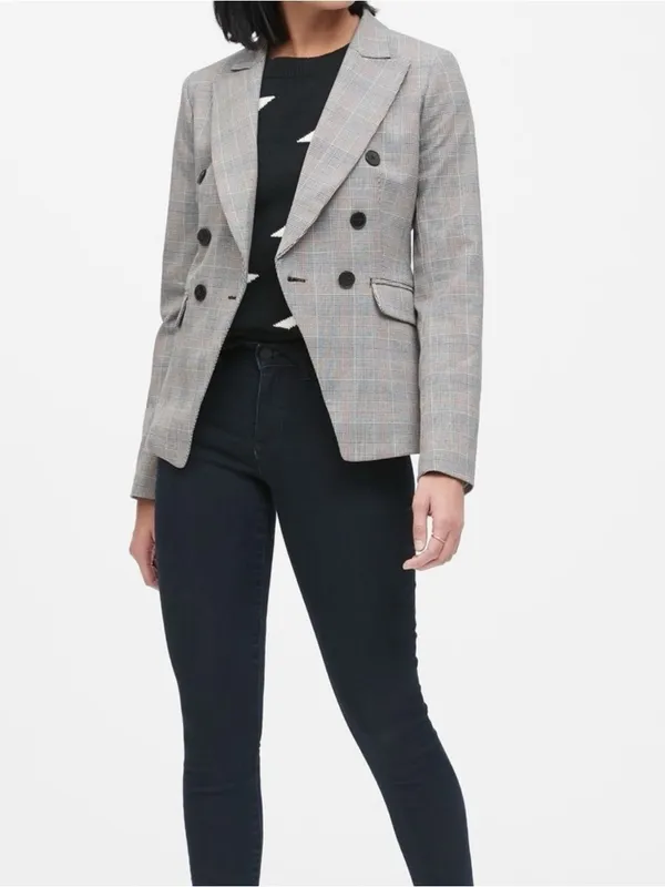 Banana Republic Glen Blazer Jacket Plaid Print Double-Breasted Stretch Size 2 - Image 5