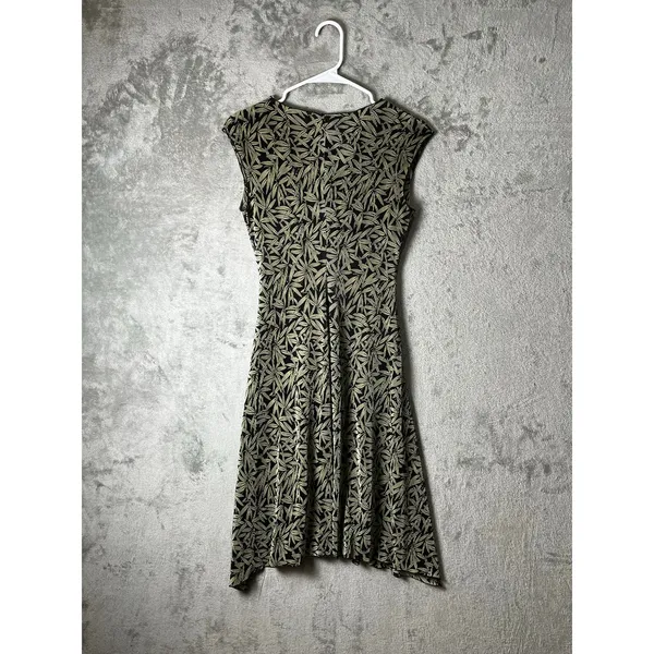 Vintage Botanical Leaf Print Tie Waist Dress Cap Sleeve Cottagecore Summer 8P - Image 3