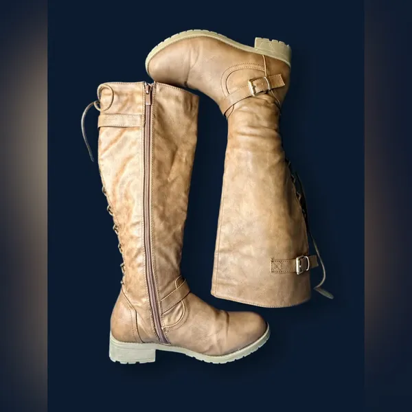 TOP Moda Brown Tan Corset style Lace up Below Knee Riding Boots Sz 9 - Image 5