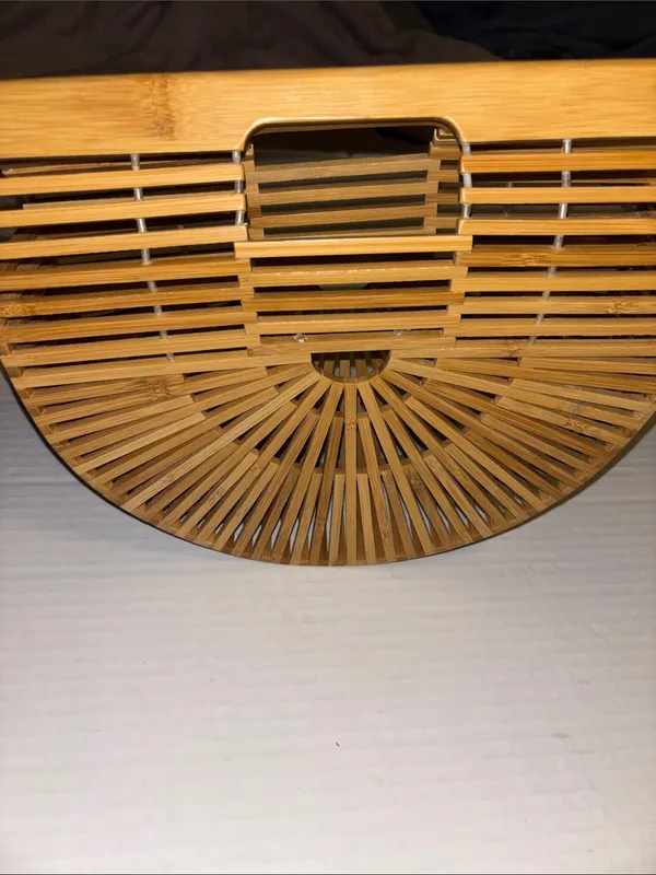 Tan Bamboo Structured Slat Handbag Fan Shaped Semi Circular Design Top Handles - Image 4