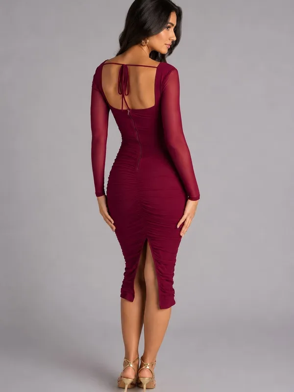 Burgundy Midi Dress Ruched Long-Sleeve | Windsor - Image 2