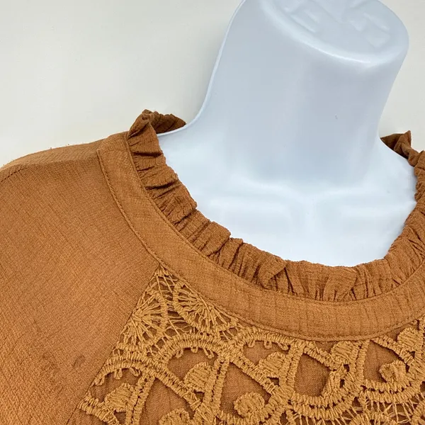 MOON RIVER Crochet Lace Bodice‎ Mini Dress Large Brown Crinkle Ruffle Boho Shift - Image 4