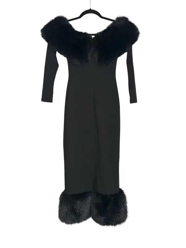 NWT Babyboo Vittoria Off Shoulder Black Faux Fur Trim Bodycon Midi Dress XS - Image 4