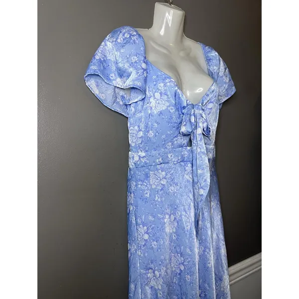 Altar'd State Dress Womens Medium Blue Floral Tie Front Flutter Sleeve Maxi - Image 4