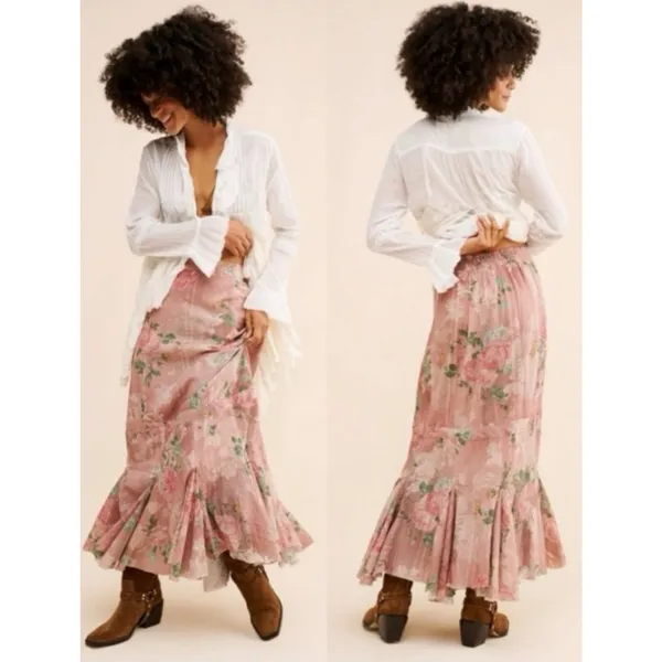 Free People Ethereal Dainty Cottage Bordeaux Floral Maxi Skirt Size XS - Image 4
