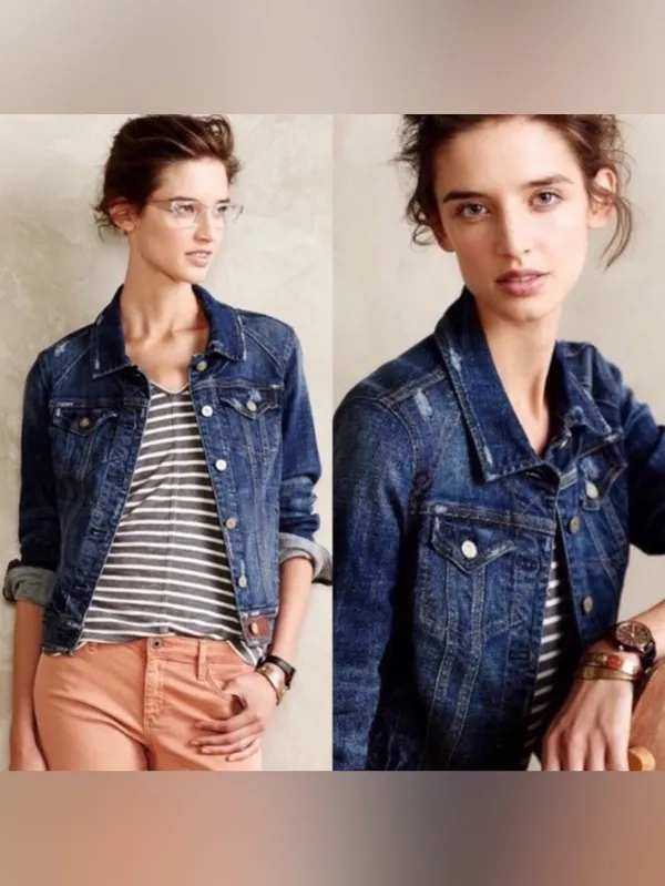 Anthropologie Pilcro‎ AVIE Classic Denim Trucker Jacket Leather Detail Size XS - Image 3