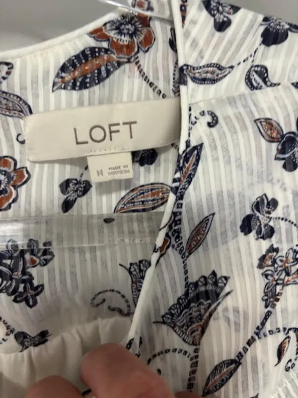 LOFT M White Floral Striped Pleated Yoke Lined Peasant Blouse Neutral Feminine - Image 7