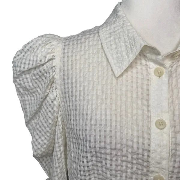 Maeve Anthropologie M White Gingham Seersucker Button-Front Long Puff Sleeve - Image 4