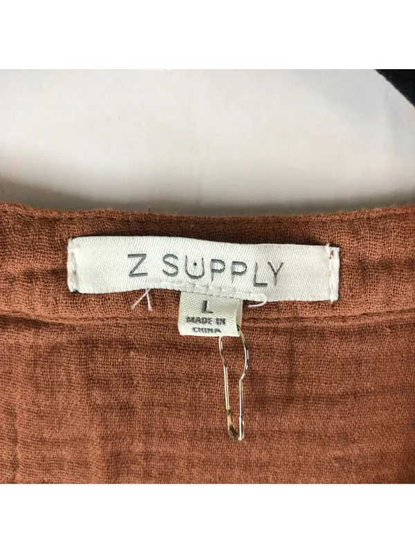 Z Supply Romper Crinkle Gauze Cotton Pockets Drawstring Waist Brown L - Image 3