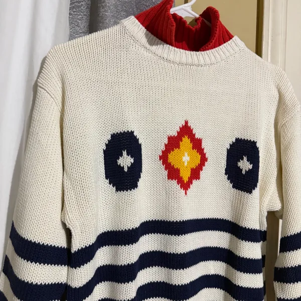 Chicken Face Intarsia Knit Sweater Women M White Blue Red Nautical‎ Coastal - Image 2