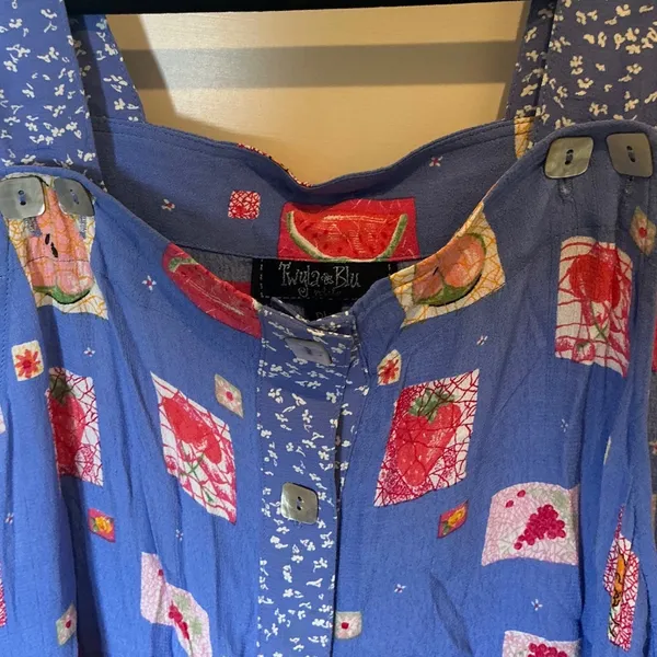 Vintage Twyla Blu Petite L Blue Fruit Floral Rayon Maxi Jumper Dress 90s Whimsy - Image 4