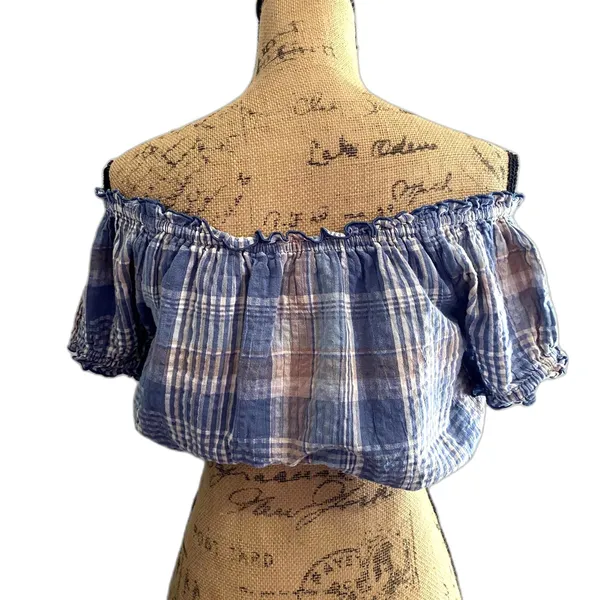 American Eagle Outfitters Puff‎ Sleeve Crop Top Blue Plaid Cotton Linen Size XS - Image 6