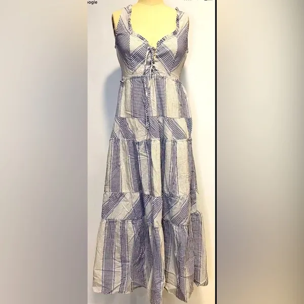 Betsey Johnson Stripe Play Yarn-Dye Tiered Maxi Dress Blue Small size Gingham - Image 3