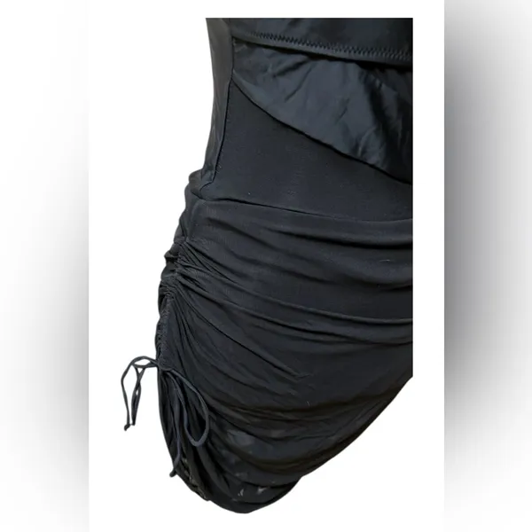 Black Asymmetrical Mesh Ruched Bodycon Dress - Image 4