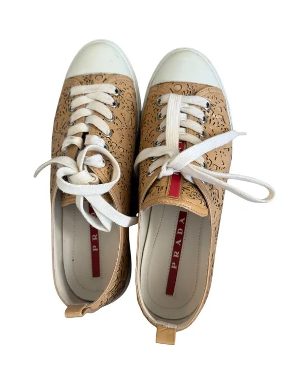 PRADA Tan Patent Leather Laser Cut Sneakers Size 37 / US 7 - Image 2