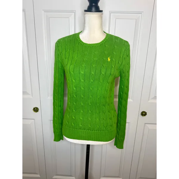 POLO RALPH LAUREN Women's S Crew Neck Cable Knit Cotton Sweater Lime Green Flaw - Image 3