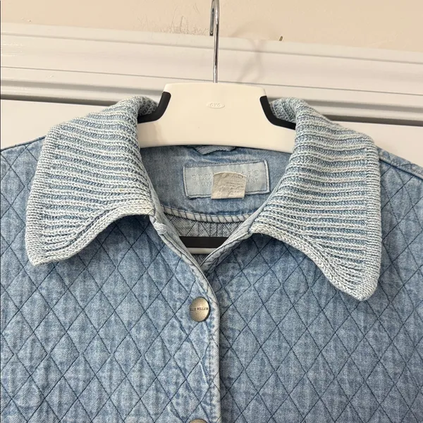 Blue Willi’s Denmark Quilted Denim Jacket Knit Sleeves Button 90s Vintage Large - Image 2