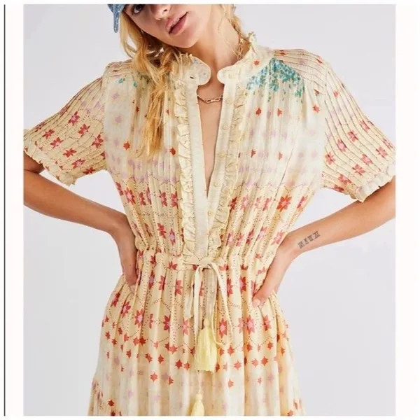 Free People Rare Feeling Cloud Combo Printed Tiered Floral Maxi Dress Size S - Image 4