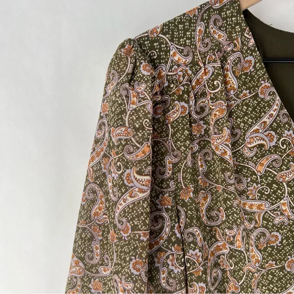 Love Riche Chiffon Olive Paisley Ruffle Long Sleeve Peasant Tiered Maxi‎ Dress M - Image 5