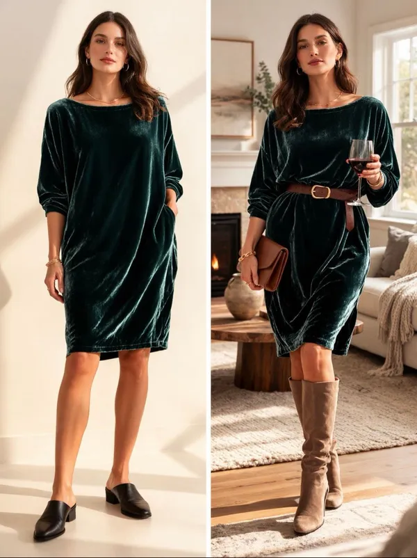 Eileen Fisher Emerald Green Silk Velvet Cocoon Dress L Oversized - Image 2