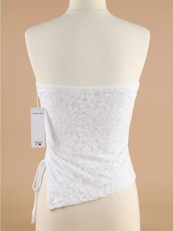 Madden Girl White Lace Strapless Asymmetrical Ruched Top - Image 2