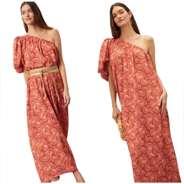 Lobo Rosa Valeria One Shoulder‎ Puff Sleeve Shell Print Maxi Dress Medium - Image 3