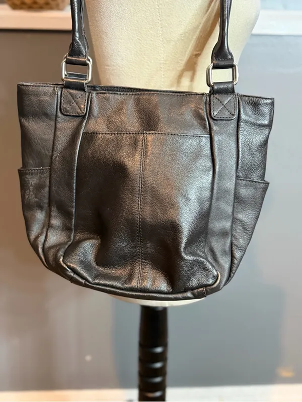 Black Genuine Leather Shoulder Bag Slouchy Tote Minimalist Everyday Purse - Image 7